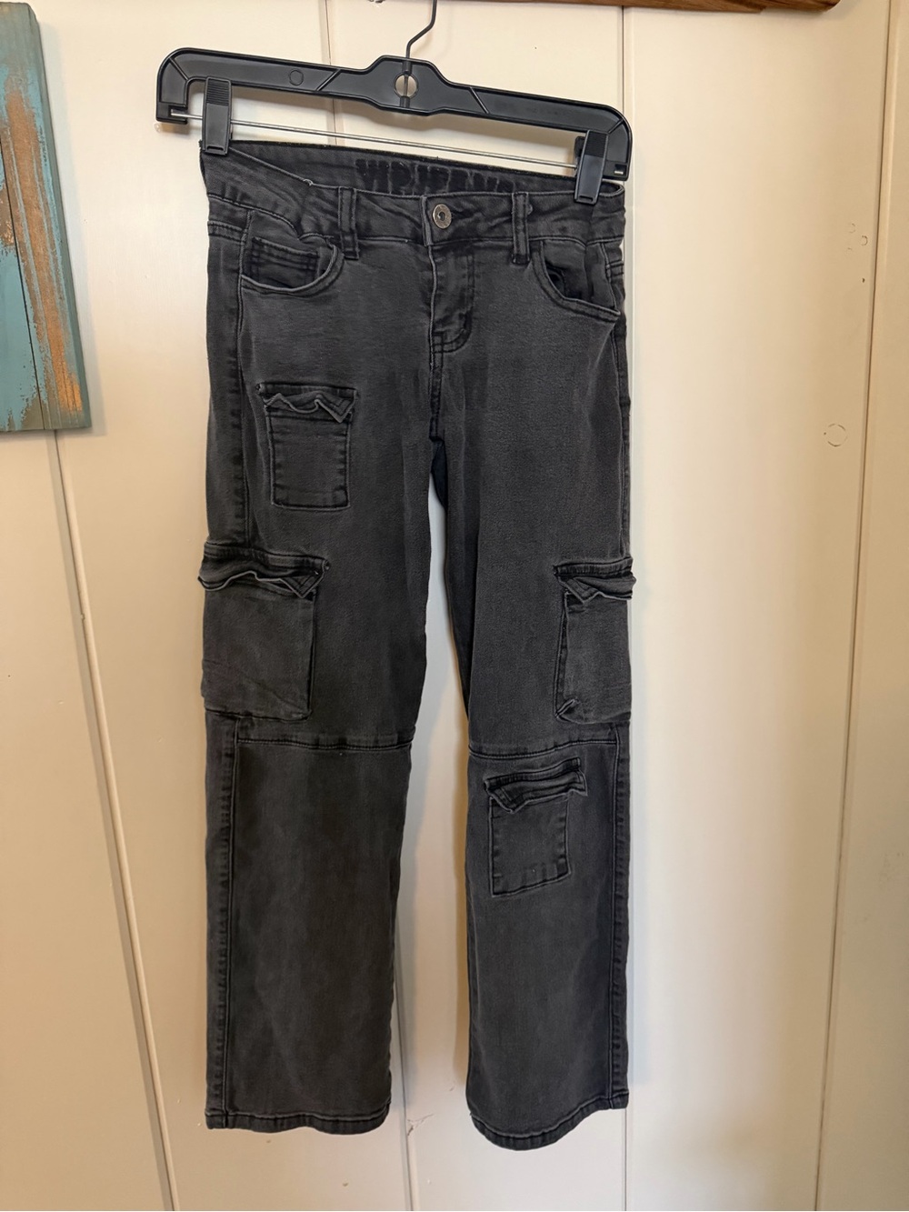 V.I.P. Girls Size 10 Vintage Y2K Black Cargo Jeans Multi Pocket Flare